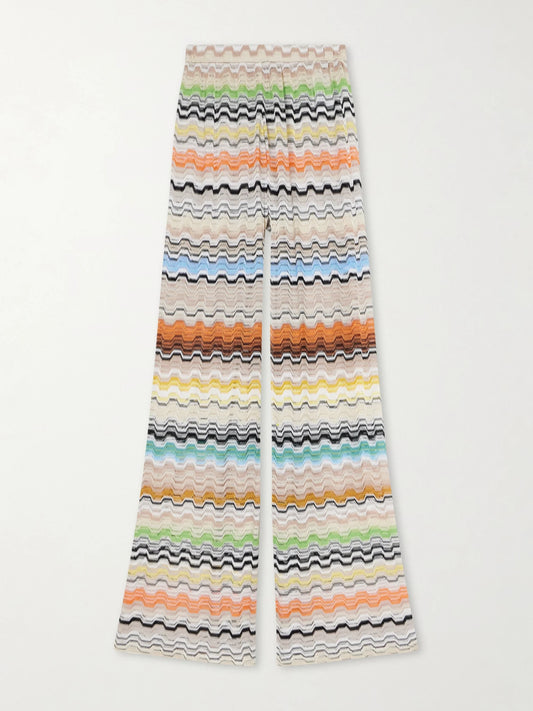 Image of a model wearing Pants. Product name - Striped Crochet-knit Wide-leg Pants in Multi colour by brand - Missoni