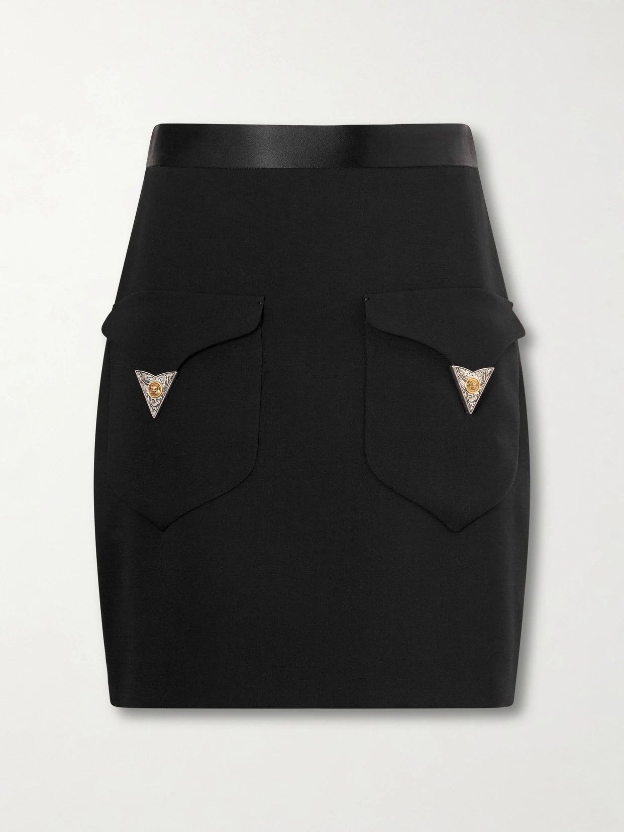 Medusa-embellished Silk-trimmed Wool-blend Mini Skirt