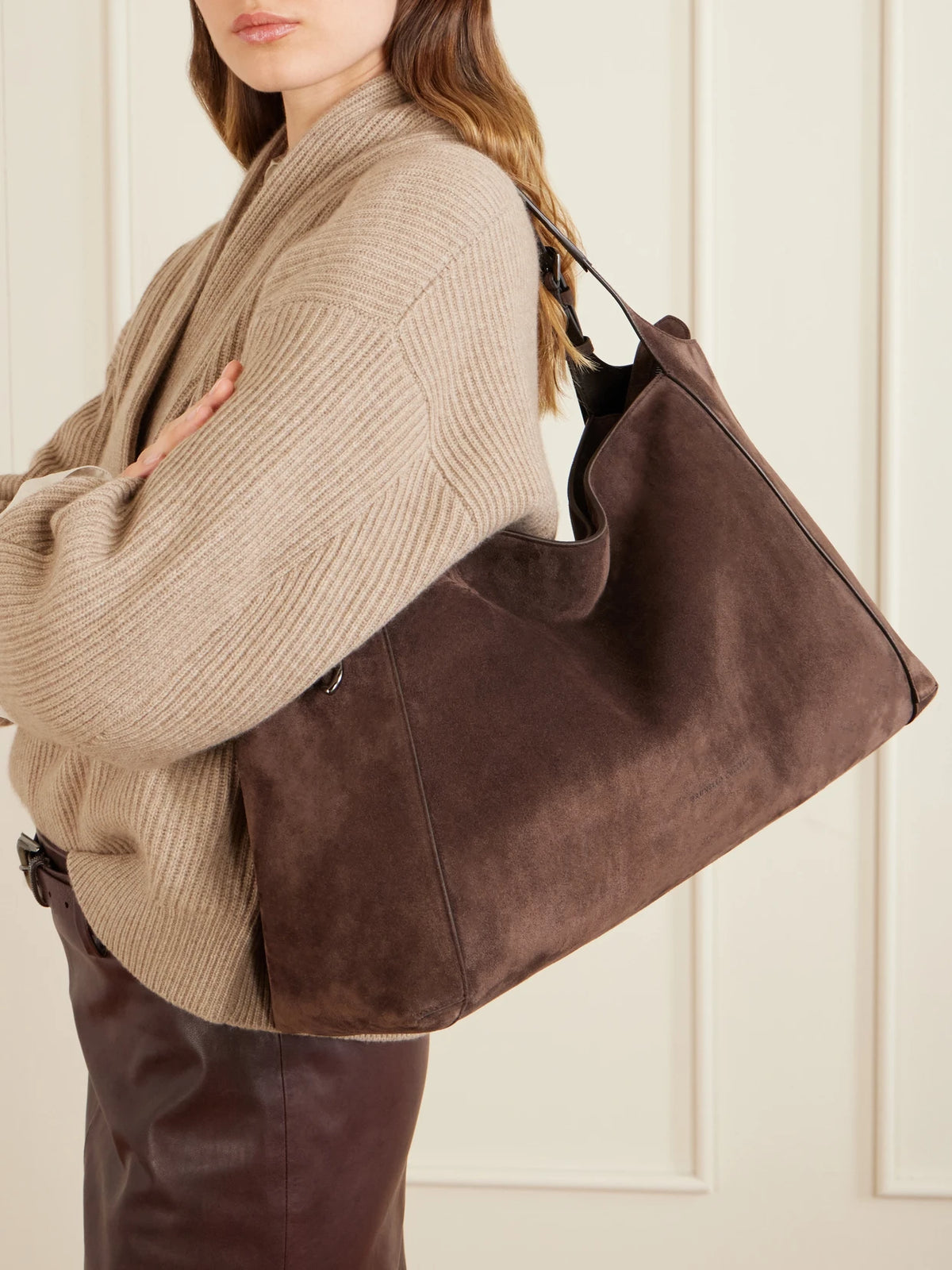 Image of Bags. Product name - Suede Tote in Chocolate colour by brand - Brunello Cucinelli