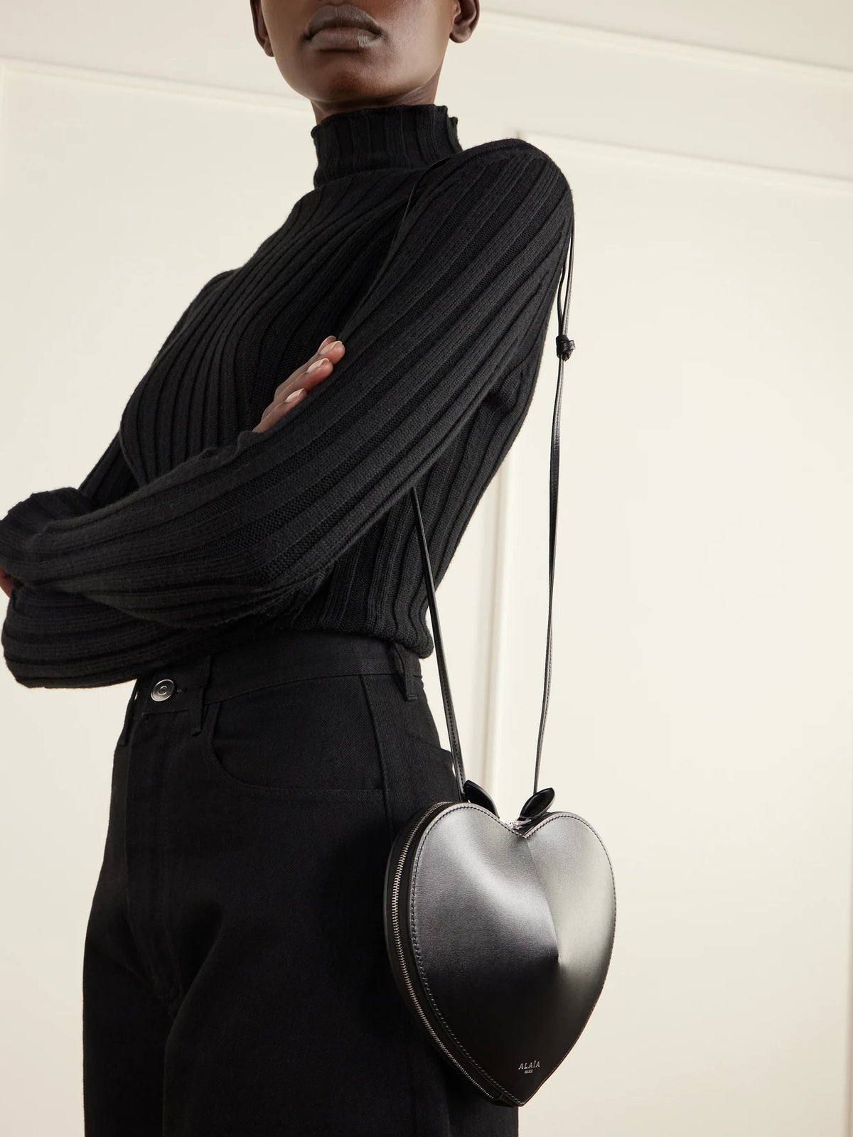 Image of Bags. Product name - Le Coeur Leather Shoulder Bag in Black colour by brand - Alaïa