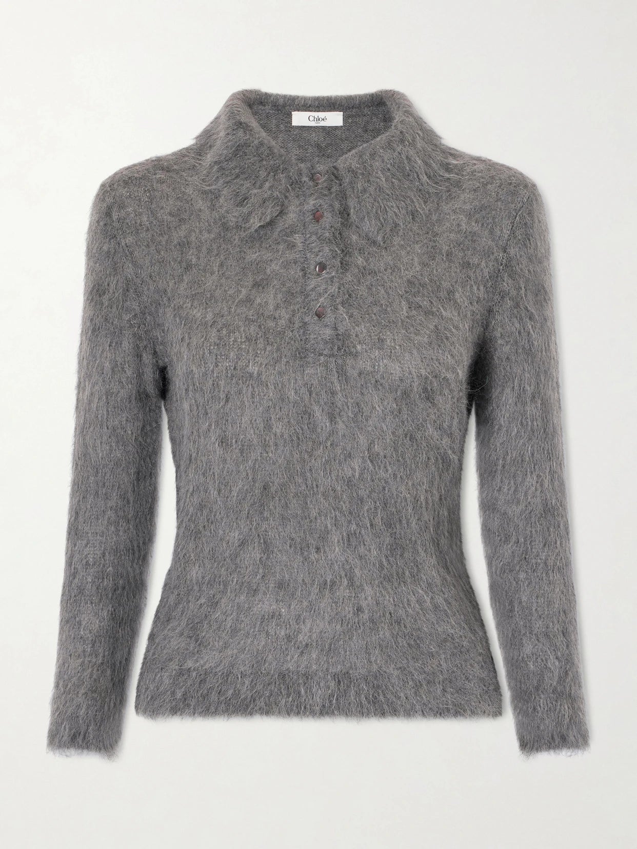 Image of a model wearing Outerwear. Product name - Alpaca-blend Polo Sweater in Gray colour by brand - Chloé