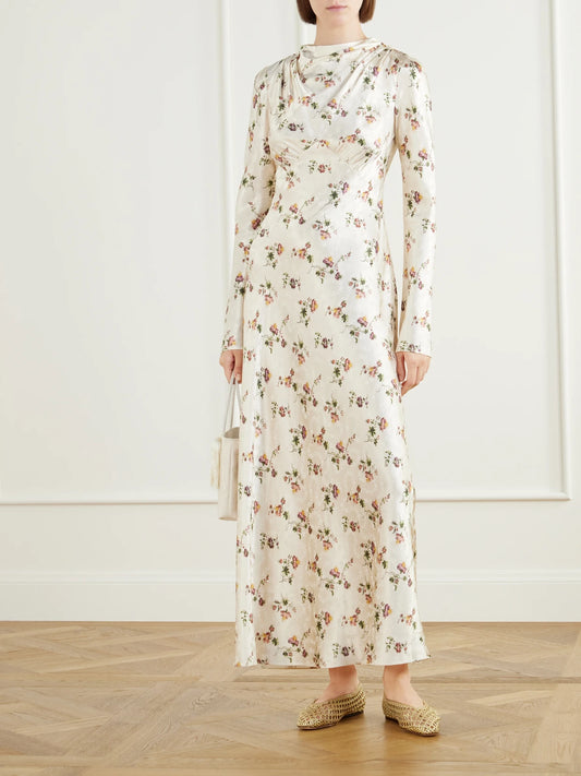 Image of Dresses. Product name - Floral-printed Satin Maxi Dress in Multi colour by brand - DÔEN