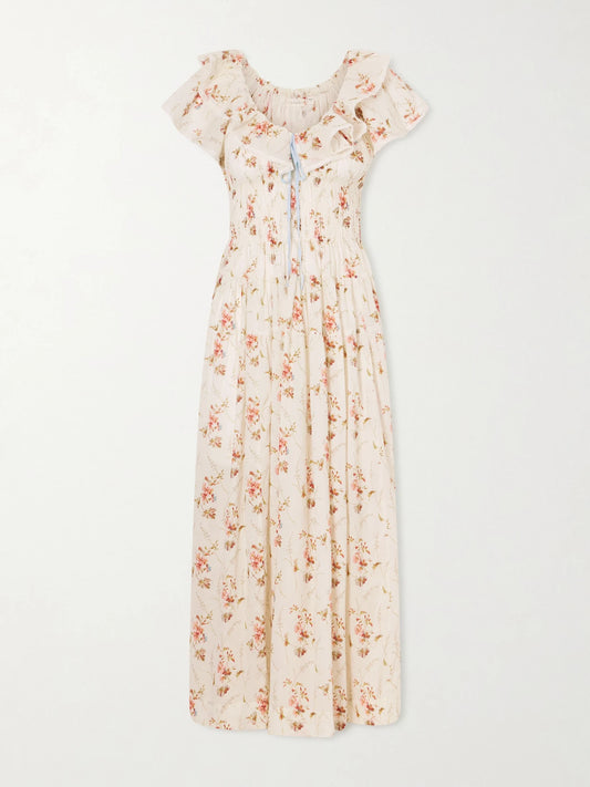Image of Dresses. Product name - Illiana Lace-trimmed Shirred Floral-print Organic Cotton Dress in Multi colour by brand - DÔEN