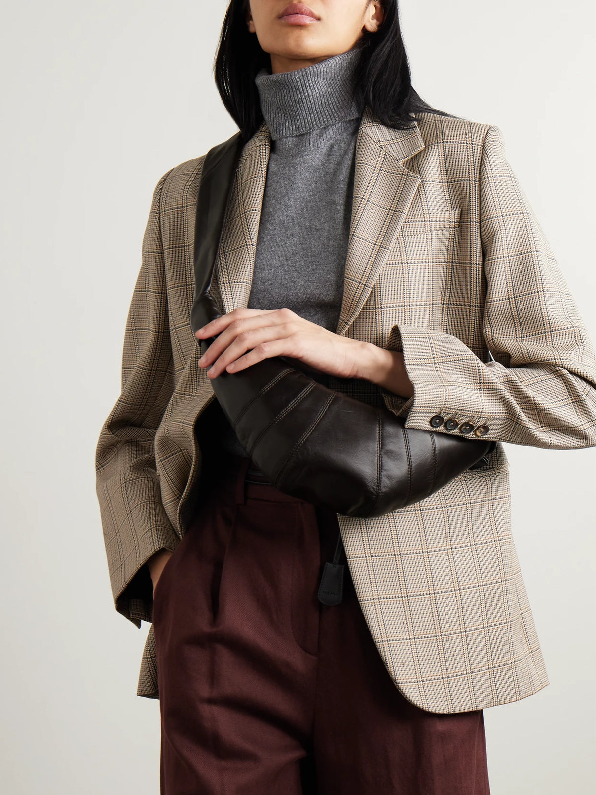Image of Bags. Product name - Croissant Small Paneled Leather Shoulder Bag in Brown colour by brand - LEMAIRE
