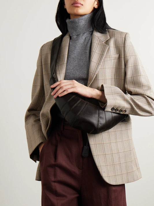 Image of Bags. Product name - Croissant Small Paneled Leather Shoulder Bag in Brown colour by brand - LEMAIRE