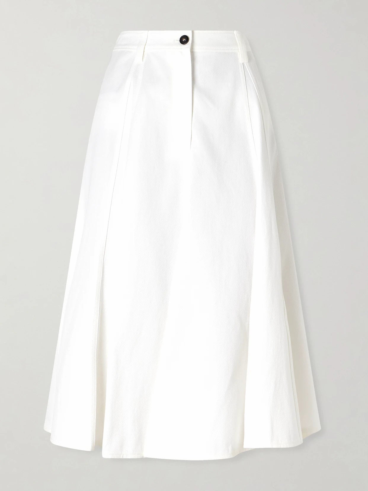 Image of a model wearing Skirts. Product name - Cotton-blend Twill Midi Skirt in White colour by brand - Brunello Cucinelli