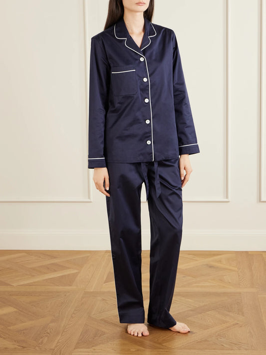 Image of Lingerie. Product name - Sateen Organic Cotton Pajama Shirt in Navy colour by brand - TEKLA