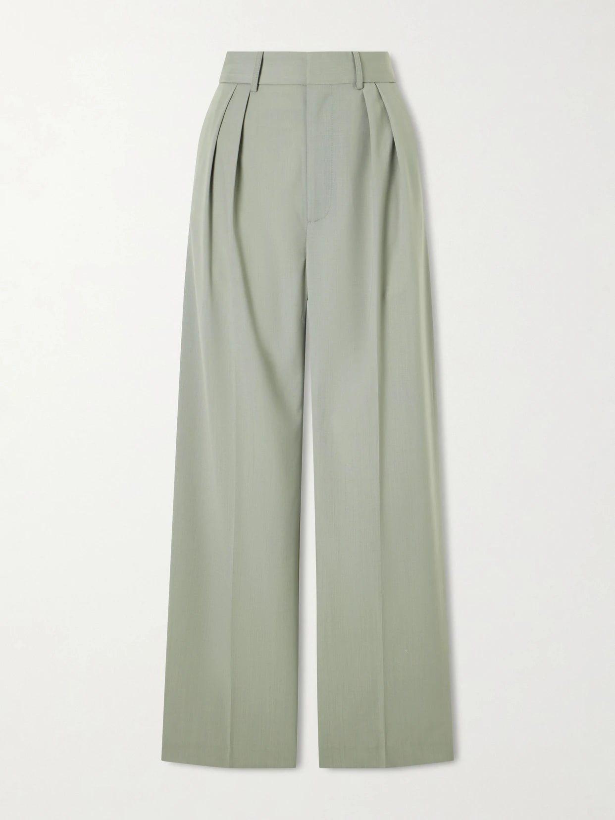 Image of a model wearing Pants. Product name - Aiden Pleated Grain De Poudre Straight-leg Pants in Sage green colour by brand - KALLMEYER
