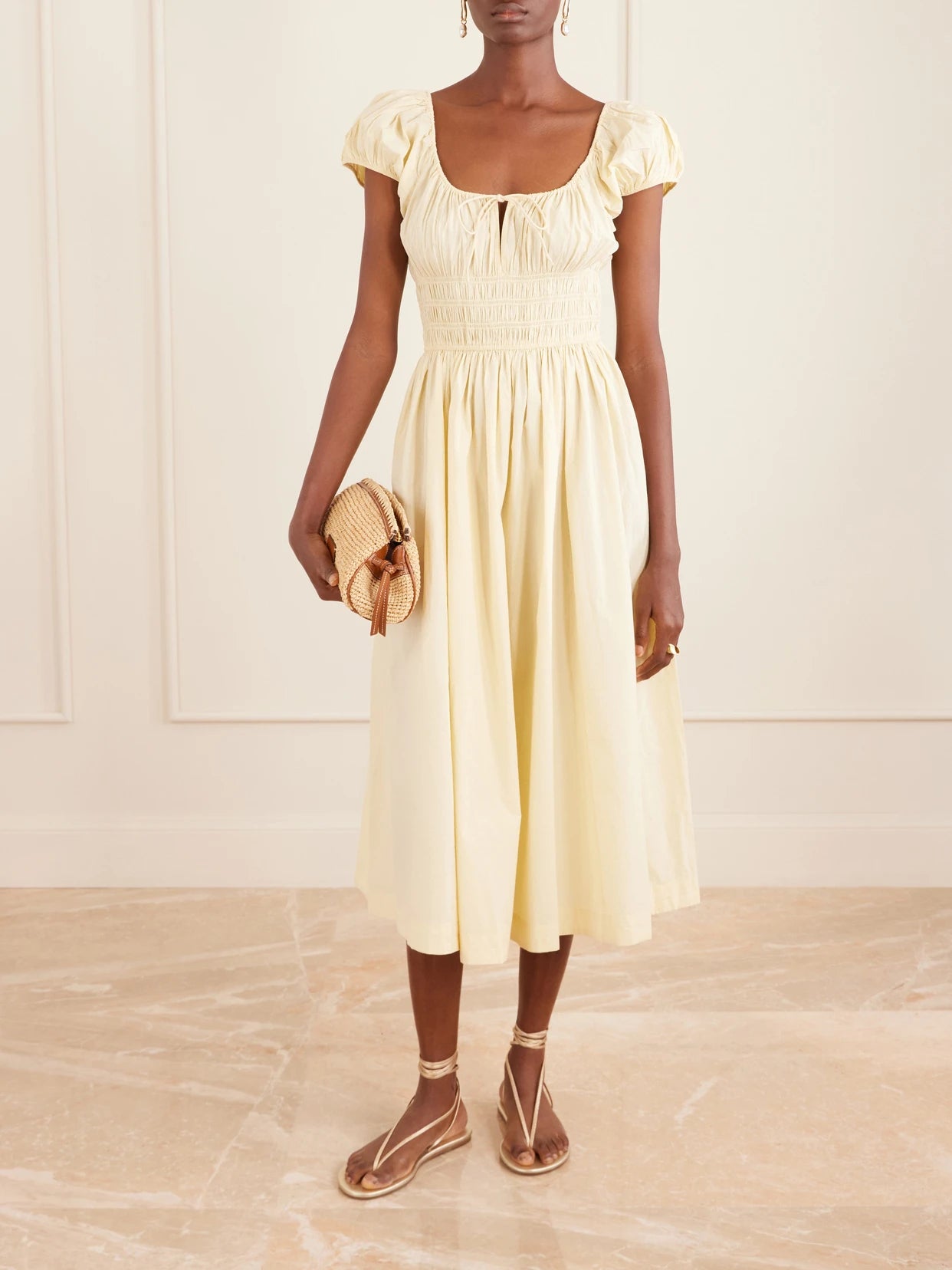 Image of Dresses. Product name - Quinn Smocked Organic Cotton-poplin Midi Dress in Pastel yellow colour by brand - DÔEN