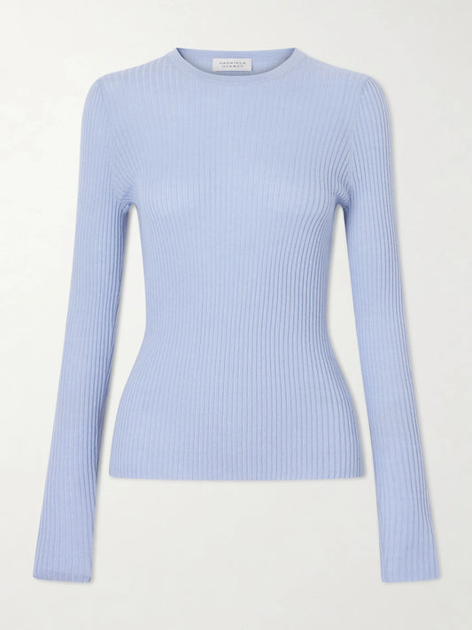 Image of a model wearing Outerwear. Product name - Browning Knit, Ribbed Cashmere And Silk Blend Sweater in Sky blue colour by brand - Gabriela Hearst