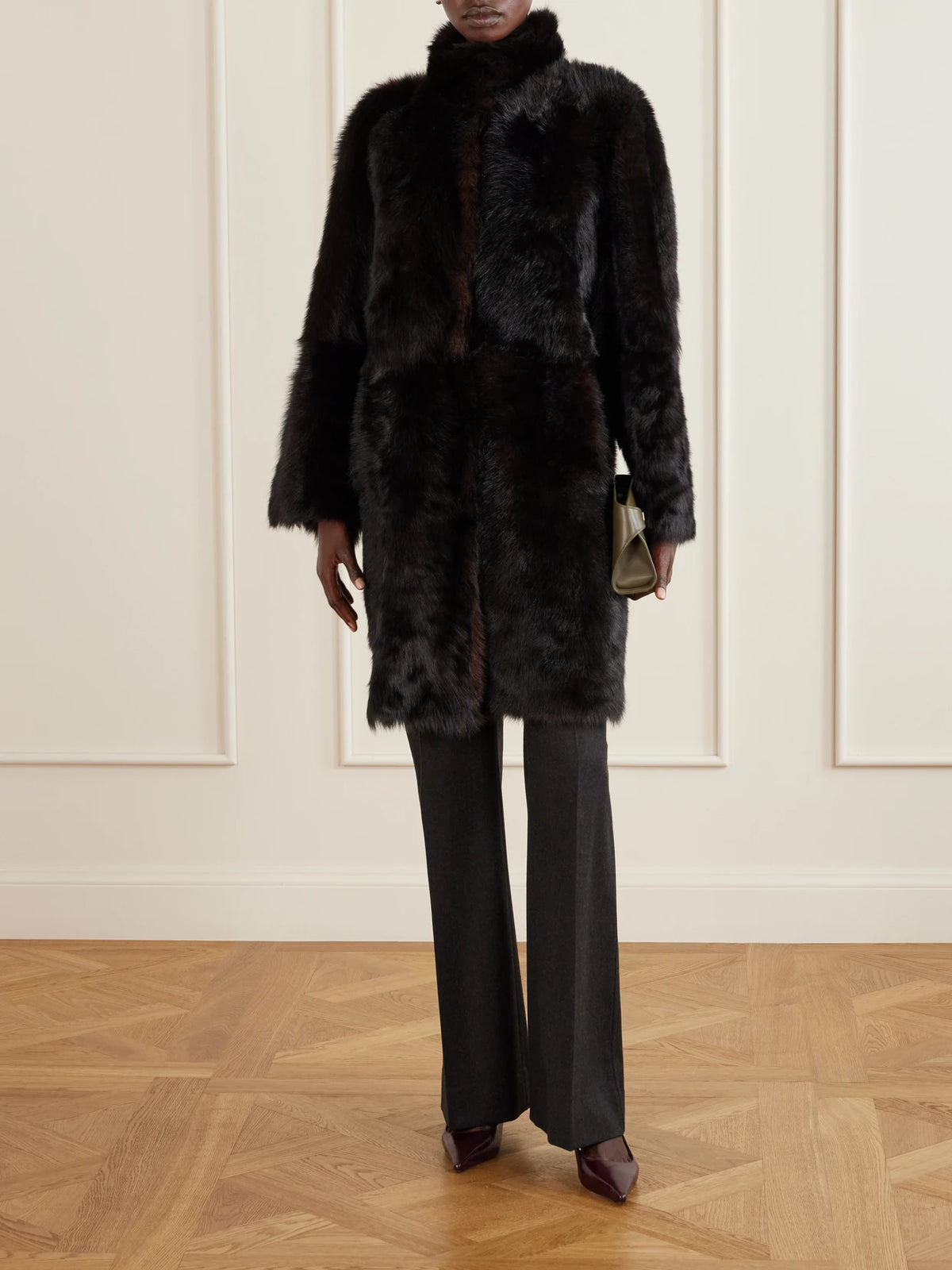 Image of Coats & Jackets. Product name - Blaise Paneled Shearling Coat in Dark brown, Cream colour by brand - Nour Hammour