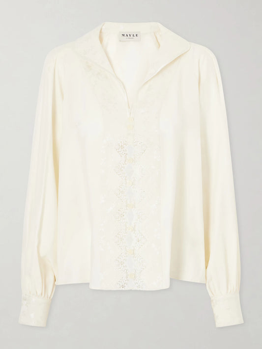 Image of a model wearing Tops. Product name - Lula Lace-trimmed Silk Blouse in Ivory colour by brand - MAISON MAYLE