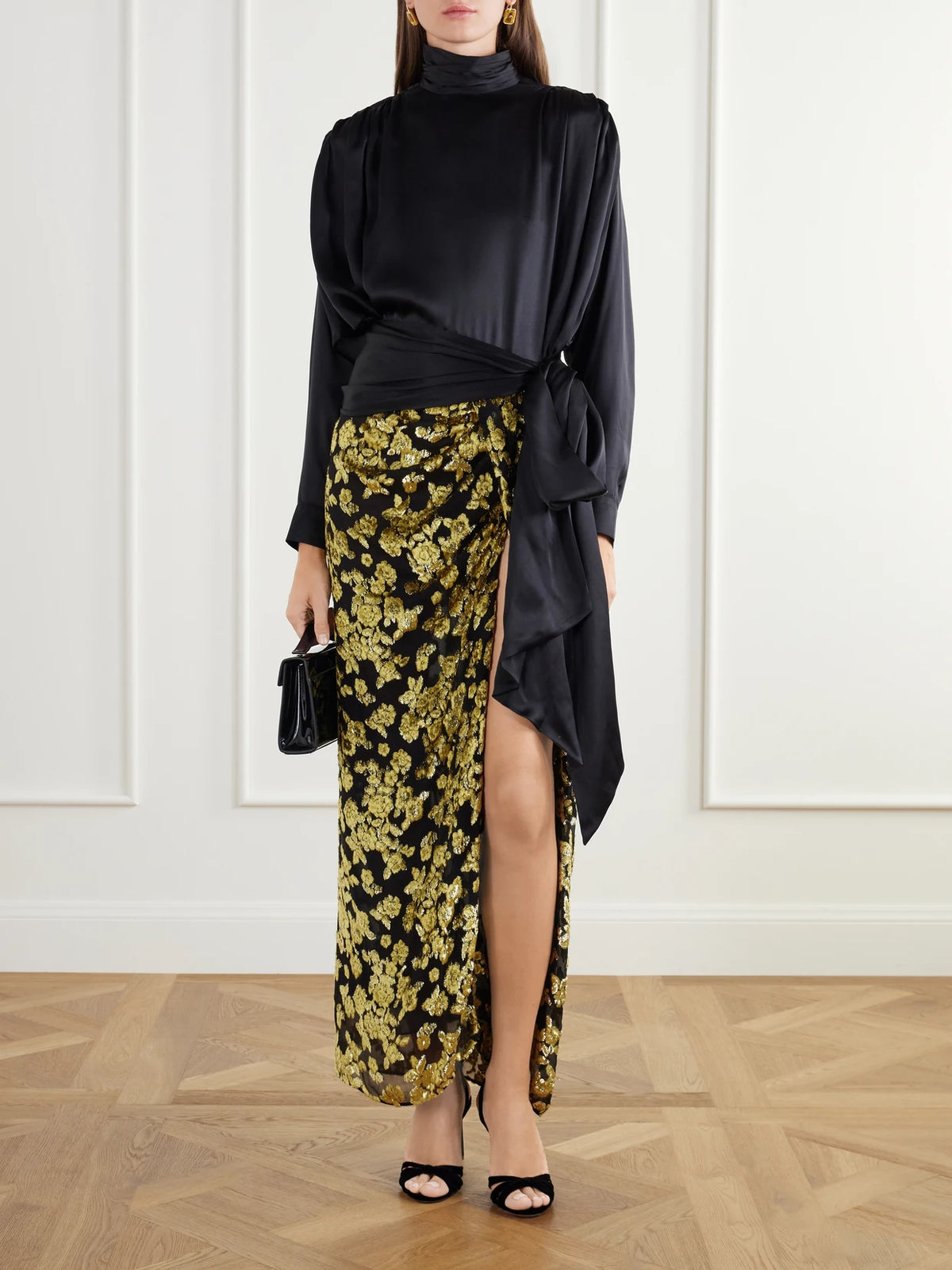 Image of a model wearing Skirts. Product name - Draped Devoré-velvet Maxi Skirt in Multi colour by brand - Balmain