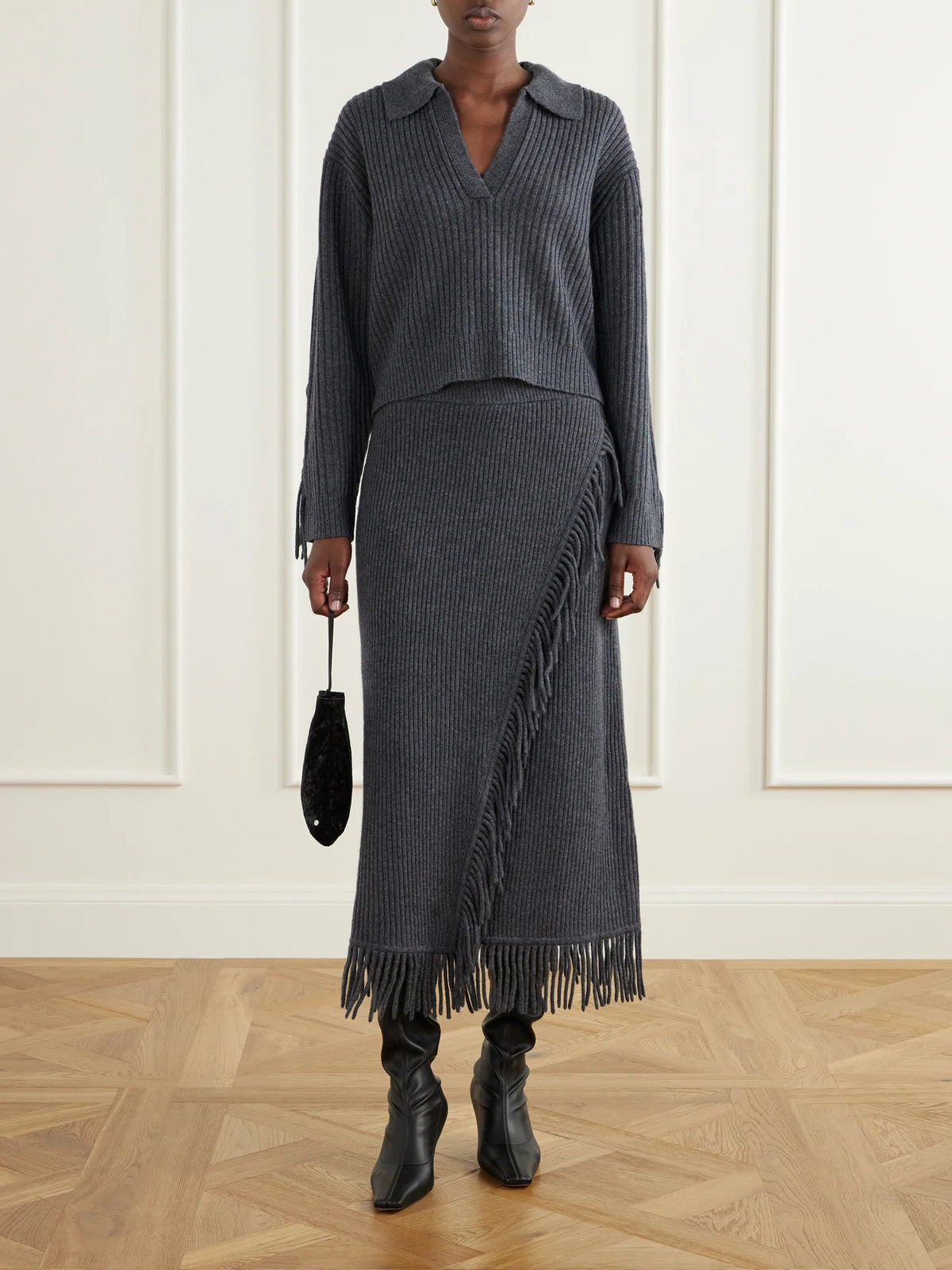Image of Outfit Sets. Product name - Casey Draped Wool And Cashmere-blend Skirt in Charcoal colour by brand - SIMKHAI