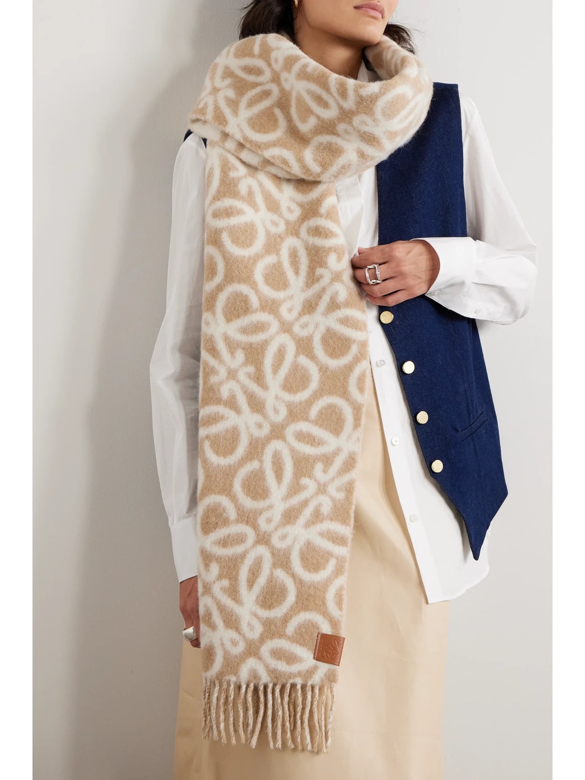 Image of Scarves & Shawls. Product name - Fringed Jacquard-knit Scarf in Beige colour by brand - LOEWE