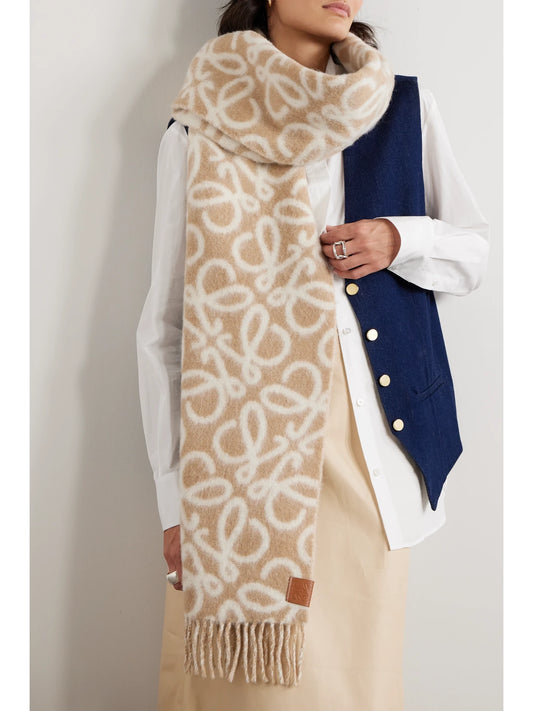 Image of Scarves & Shawls. Product name - Fringed Jacquard-knit Scarf in Beige colour by brand - LOEWE