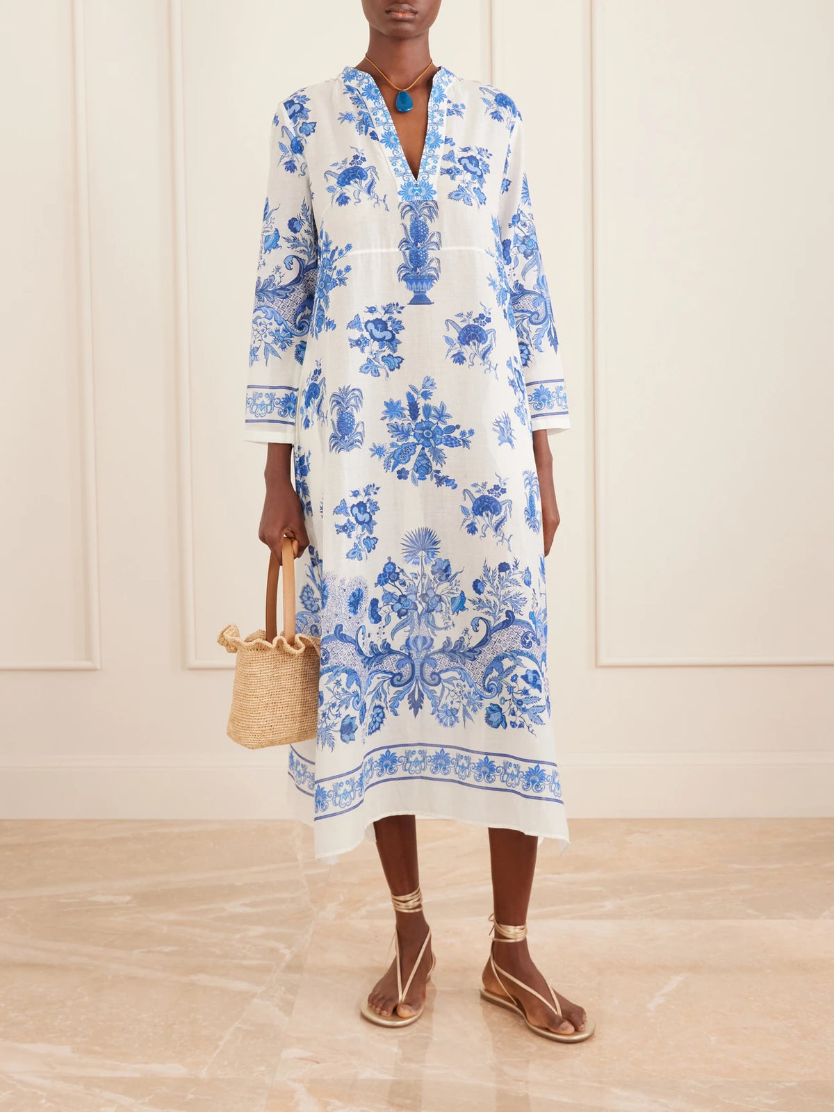 Image of Dresses. Product name - Giada Floral-print Cotton-voile Kaftan in Blue colour by brand - Emporio Sirenuse