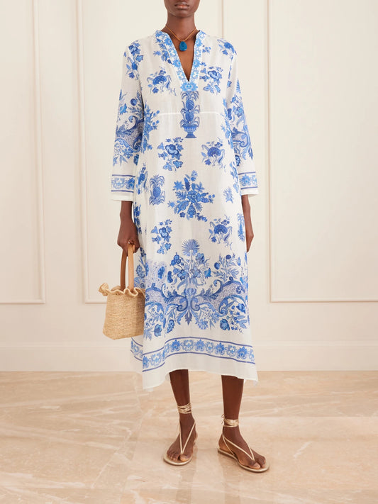 Image of Dresses. Product name - Giada Floral-print Cotton-voile Kaftan in Blue colour by brand - Emporio Sirenuse