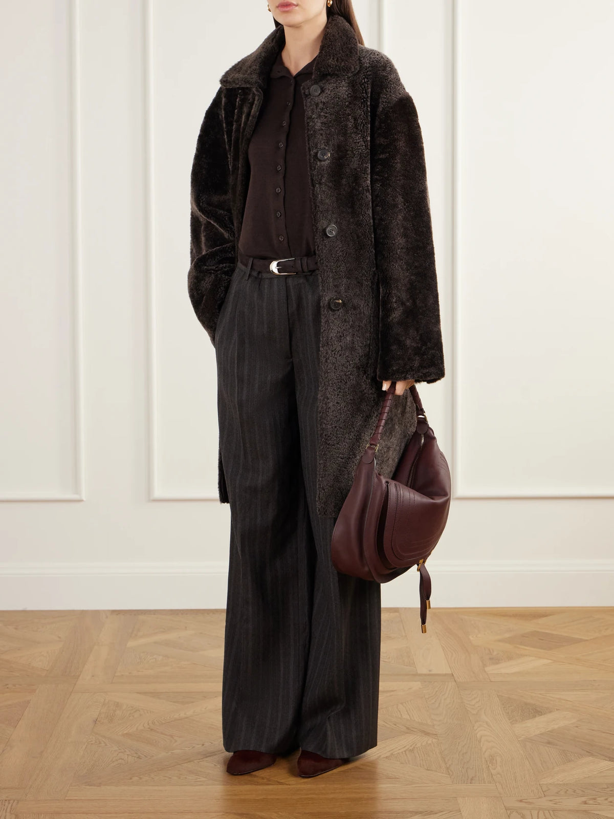 Image of Coats & Jackets. Product name - Zoey Reversible Shearling And Leather Coat in Dark brown colour by brand - ARMA