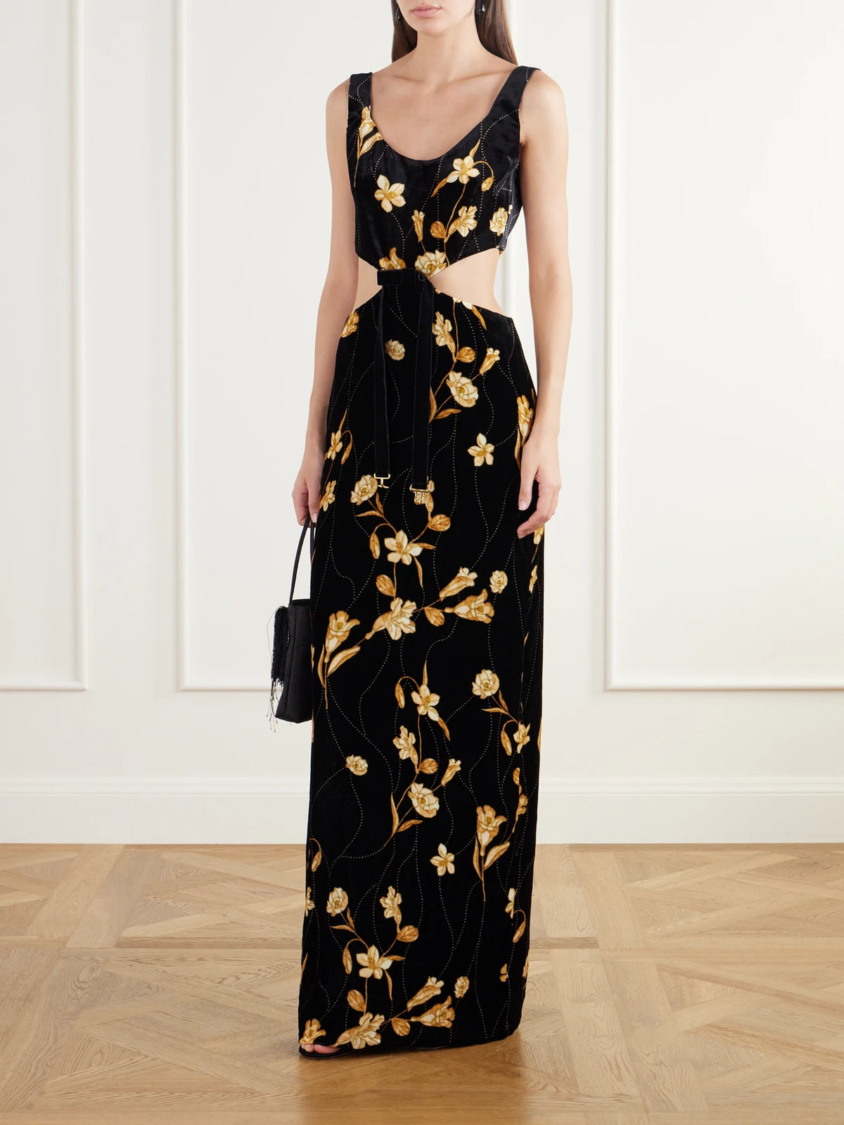 Image of Dresses. Product name - Ventura Belted Bow-detailed Floral-print Velvet Maxi Dress in Black colour by brand - Agua by Agua Bendita