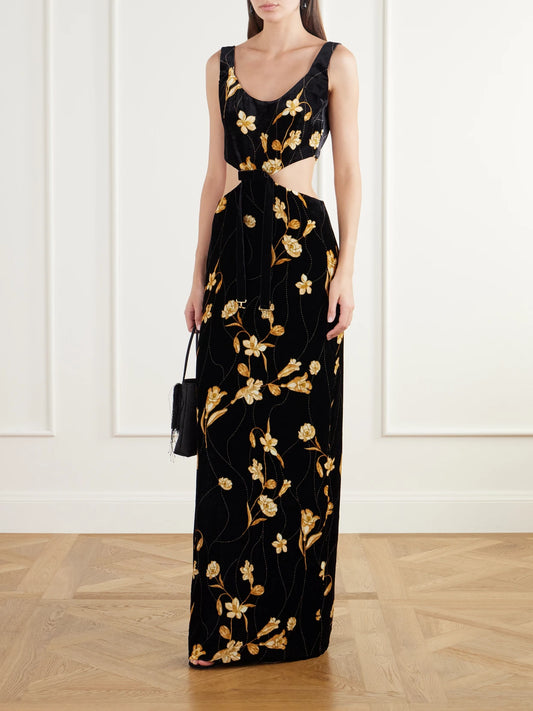 Image of Dresses. Product name - Ventura Belted Bow-detailed Floral-print Velvet Maxi Dress in Black colour by brand - Agua by Agua Bendita