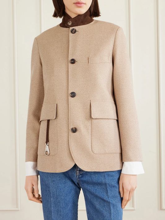 Suede-trimmed Silk-tweed Jacket