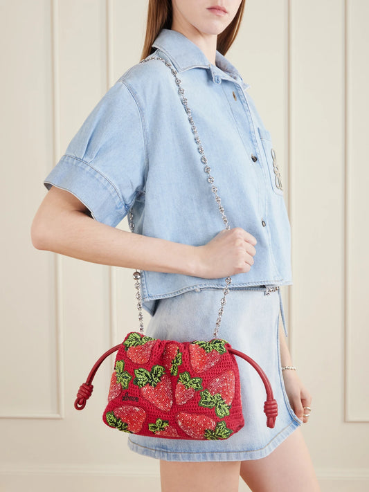 Image of Bags. Product name - + Paula's Ibiza Flamenco Leather-trimmed Beaded Clutch Bag in Red colour by brand - LOEWE