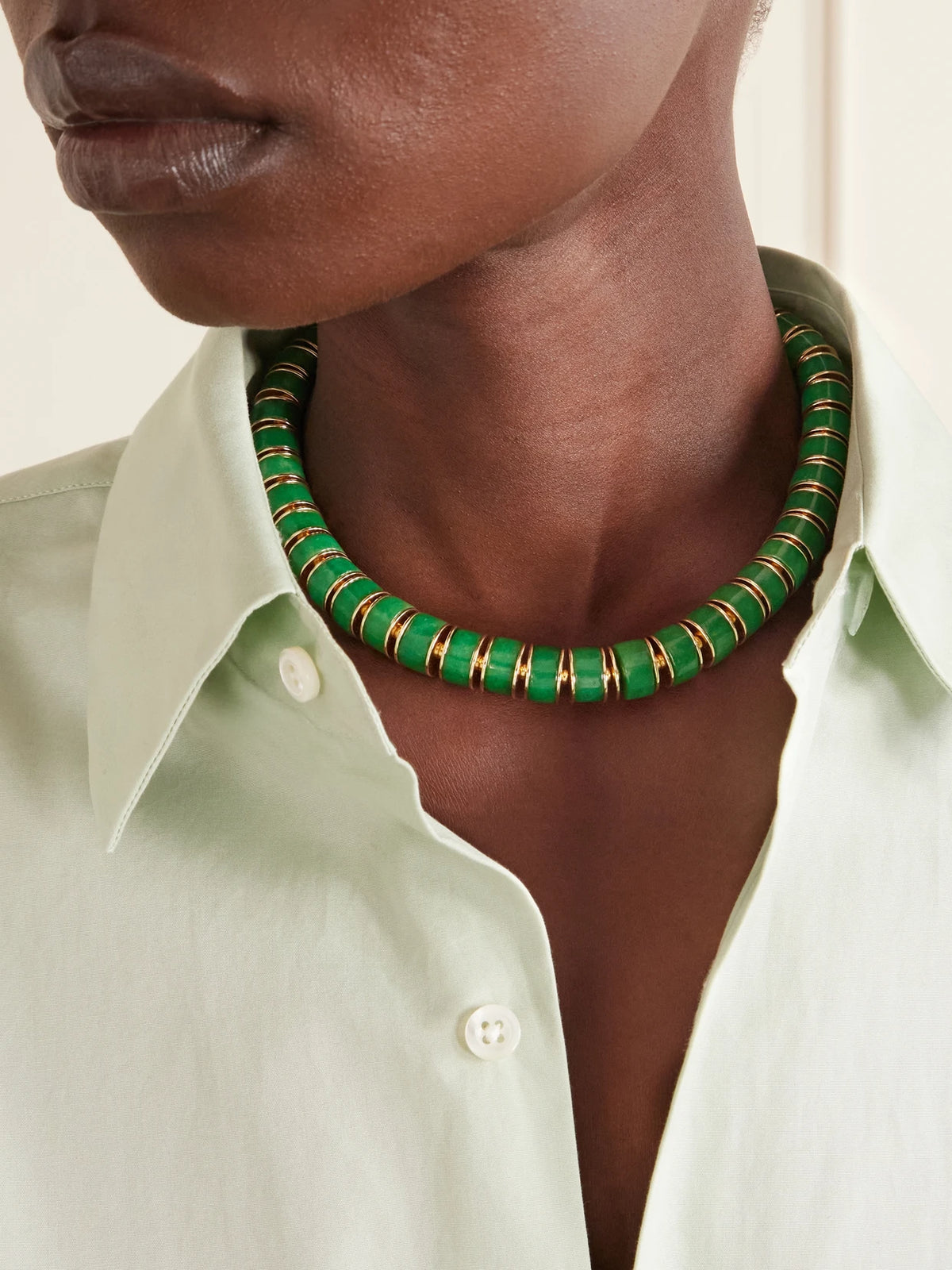 Image of Necklaces. Product name - The Stone Slice Gold-tone Jade And Carnelian Beaded Necklace in Green colour by brand - Roxanne Assoulin