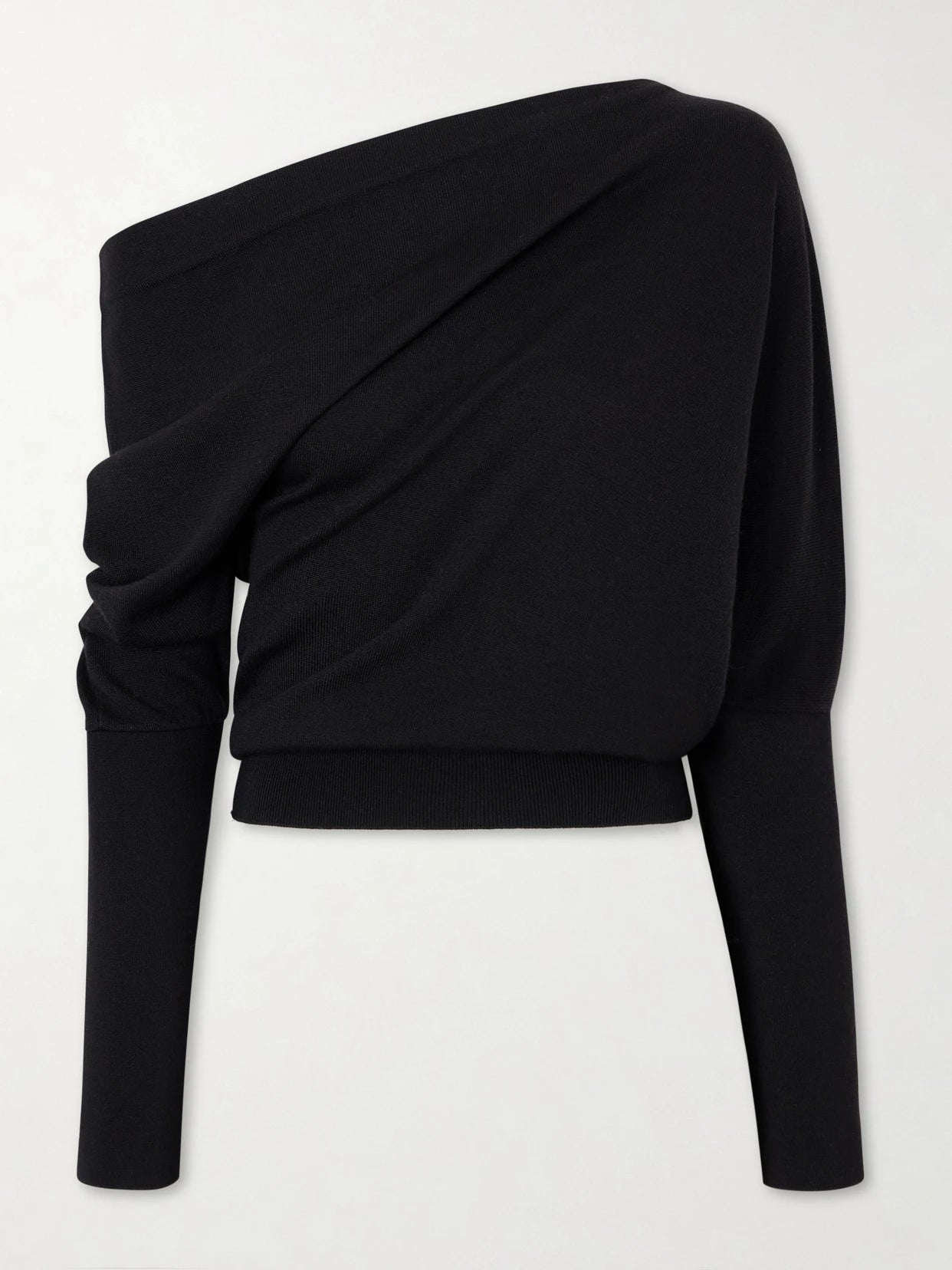 Image of a model wearing Outerwear. Product name - Off-the-shoulder Wool And Silk-blend Top in Black colour by brand - TOM FORD