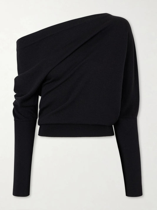 Image of a model wearing Outerwear. Product name - Off-the-shoulder Wool And Silk-blend Top in Black colour by brand - TOM FORD