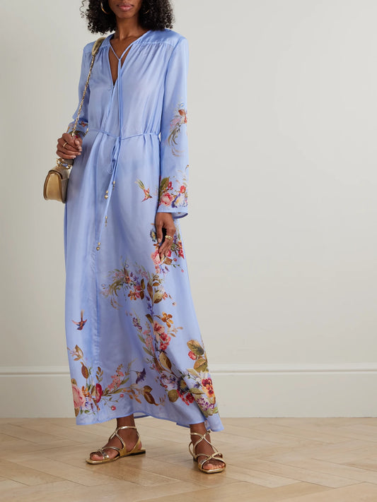 Image of Dresses. Product name - Patience Gathered Floral-print Silk Maxi Dress in Blue colour by brand - Zimmermann
