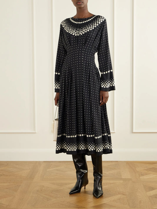 Image of Dresses. Product name - Elly Polka-dot Print Crepe Midi Dress in Black colour by brand - Sea