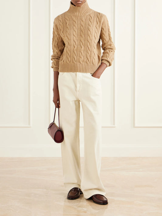 Image of a model wearing Outerwear. Product name - Cable-knit Wool And Cashmere-blend Turtleneck Sweater in Camel colour by brand - Polo Ralph Lauren