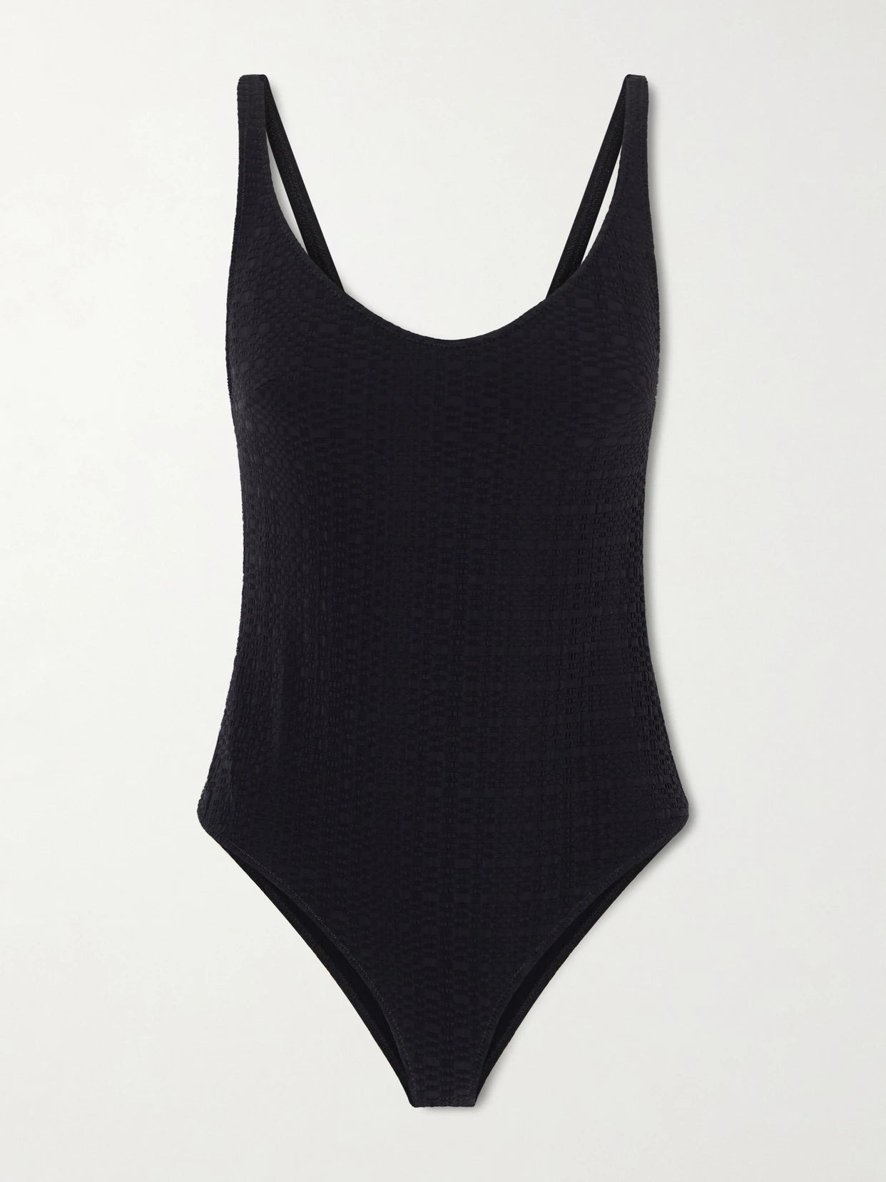 Image of Swimwear. Product name - Marilyn Stretch-seersucker Swimsuit in Black colour by brand - Lisa Marie Fernandez
