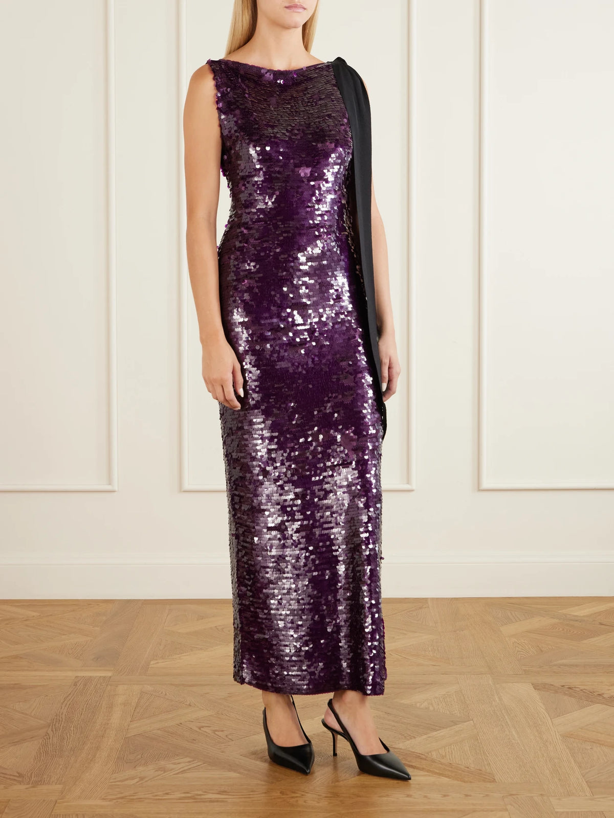 Image of Dresses. Product name - Sequin-embellished Knitted Gown in Dark purple colour by brand - Carolina Herrera