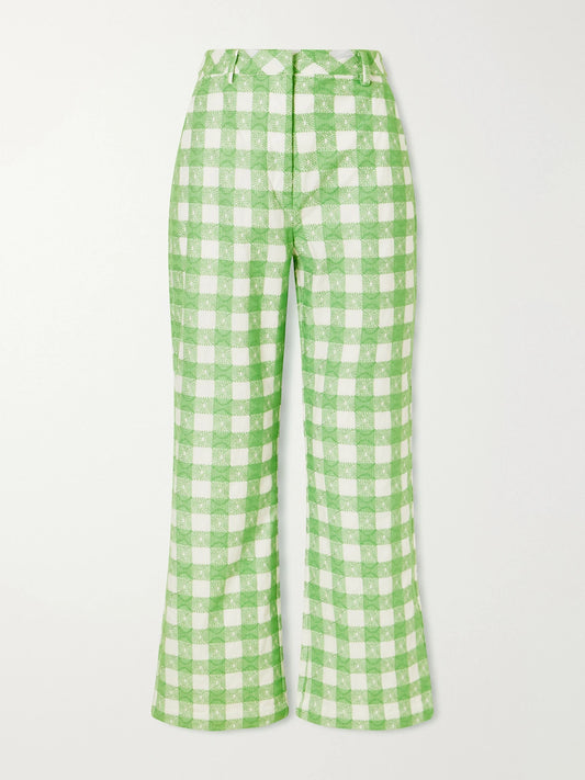 Image of a model wearing Pants. Product name - Easy Does It Checked Cotton Straight-leg Pants in Green colour by brand - Rosie Assoulin