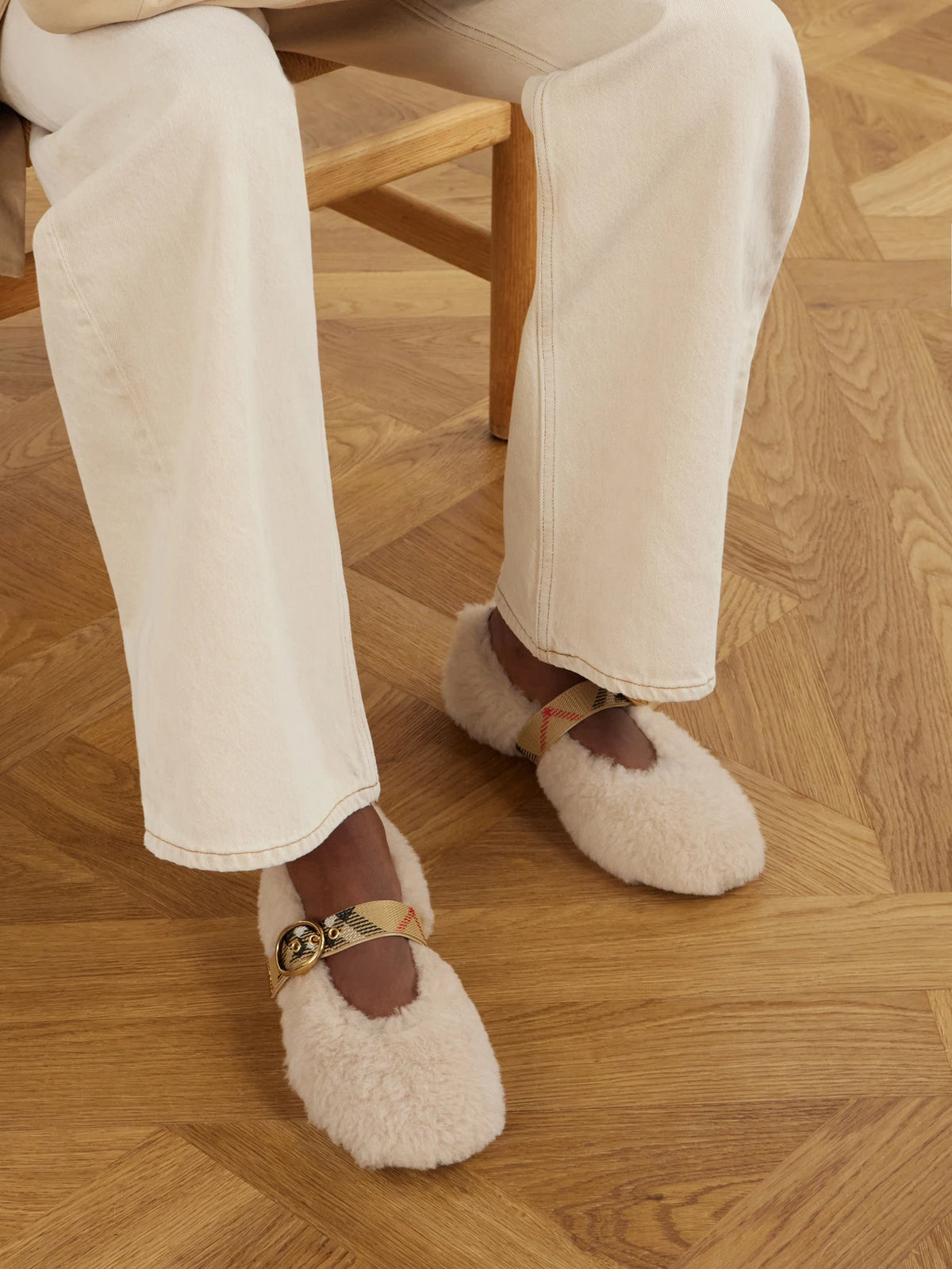 Burberry Buckle-detailed Check-trimmed Shearling Ballet Flats