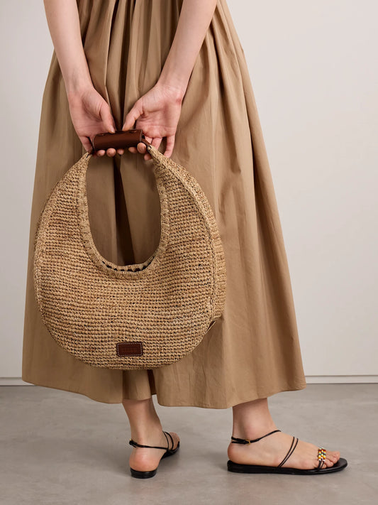 Image of Bags. Product name - Moon Large Leather-trimmed Raffia Tote in Neutral colour by brand - STAUD