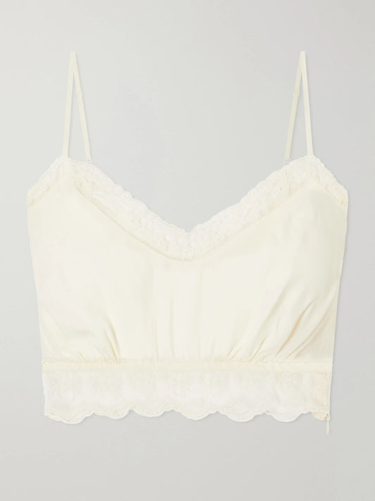 Image of a model wearing Tops. Product name - Lace-trimmed Crepe De Chine Bralette in Cream colour by brand - Simone Rocha
