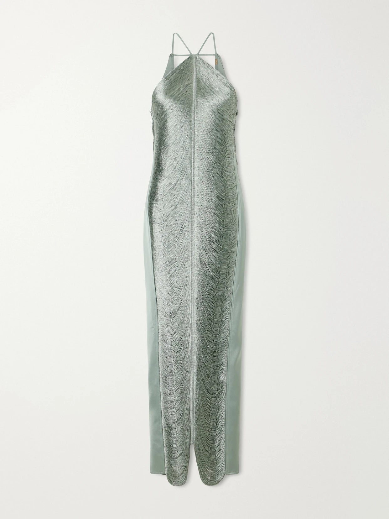 Image of Dresses. Product name - Renata Fringed Satin-trimmed Mesh Gown in Mint colour by brand - Cult Gaia