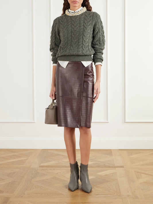 Image of Outfit Sets. Product name - Marlie Embellished Cable-knit Wool And Cashmere-blend Sweater in Army green colour by brand - Ulla Johnson
