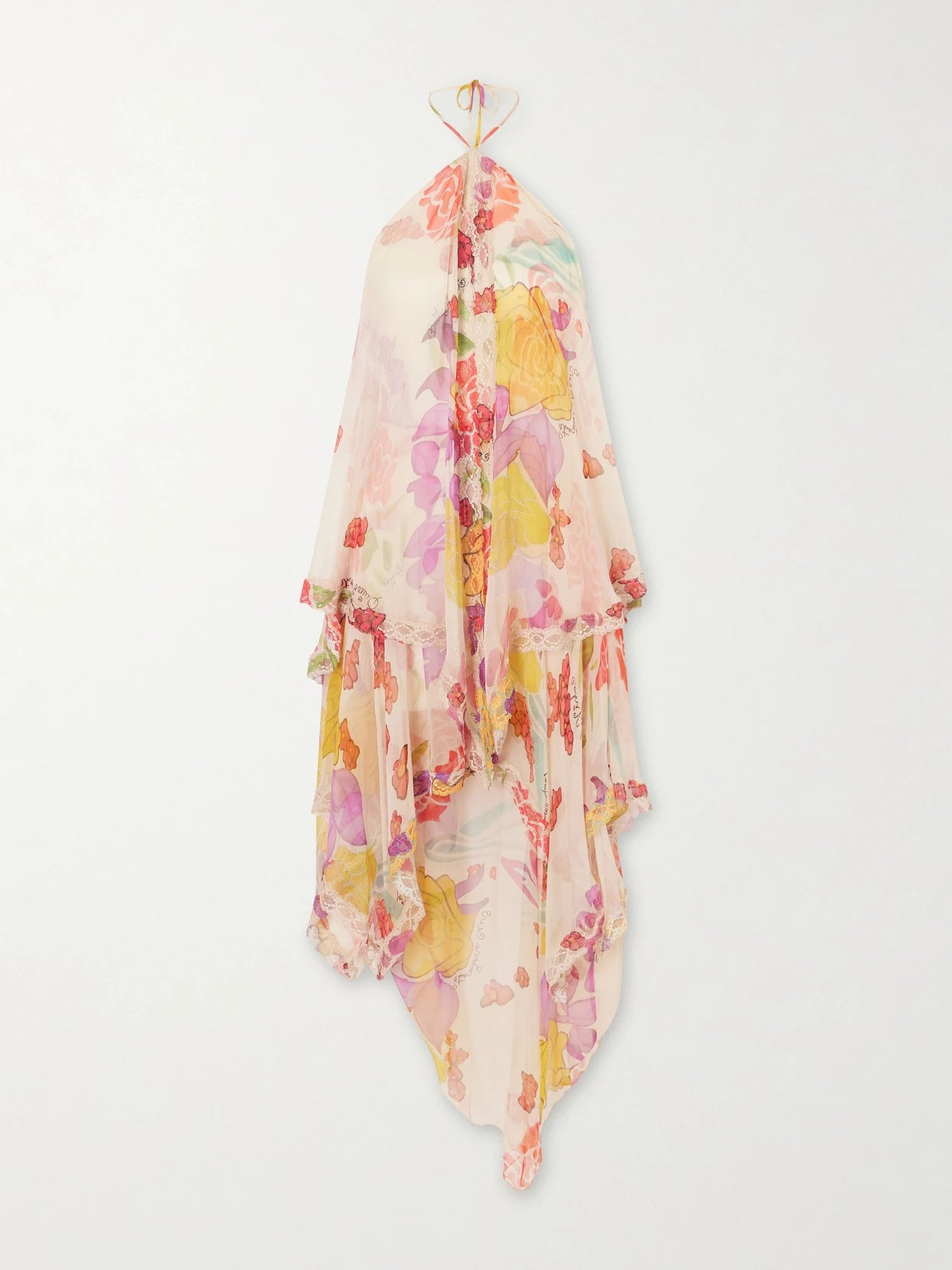 Flores Ruffled Asymmetric Lace-trimmed Silk-chiffon Halterneck Maxi Dress