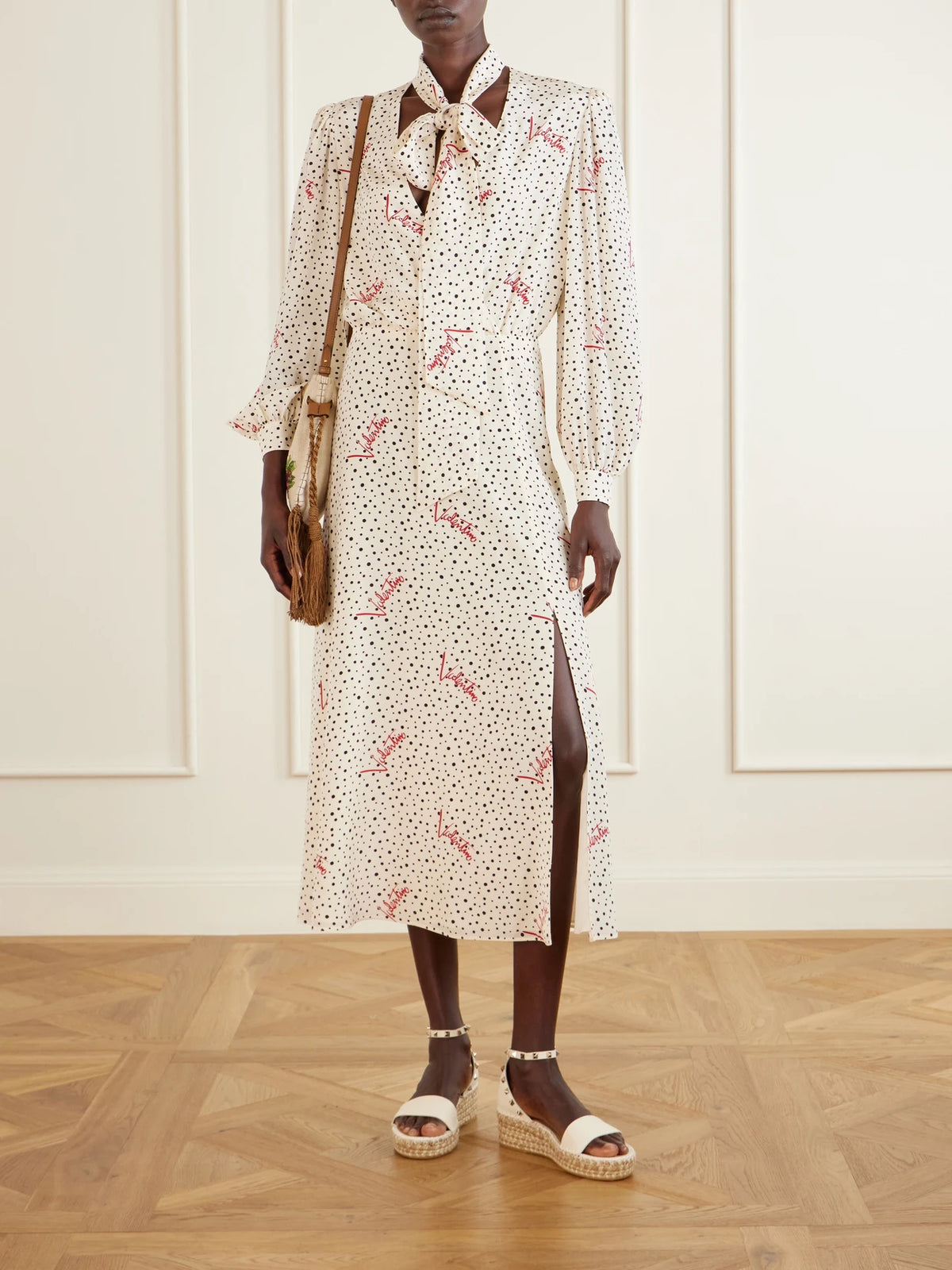 Image of Heels. Product name - Rockstud Double Leather Espadrillas Sandals in Off-white colour by brand - Valentino Garavani