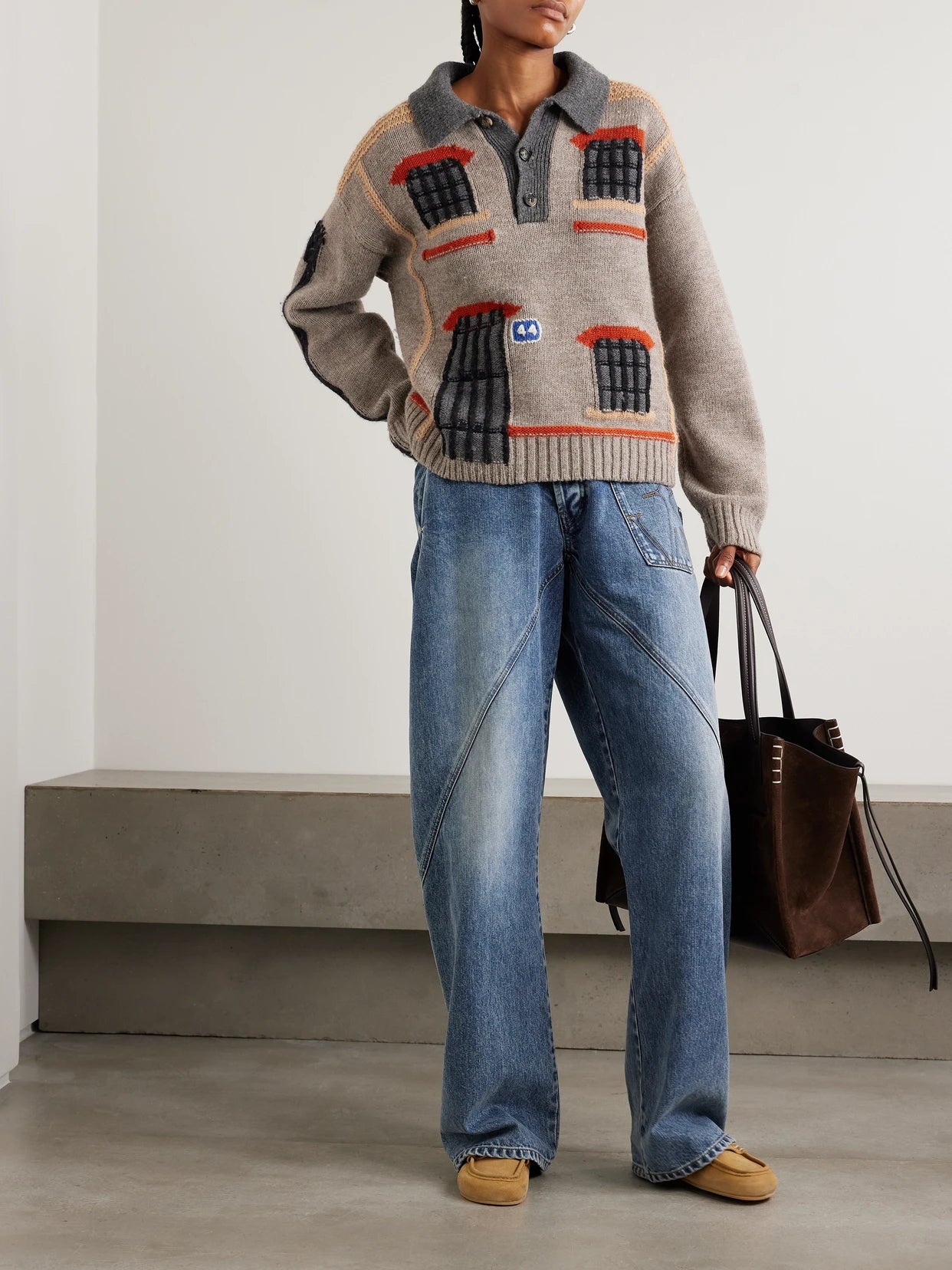 Image of a model wearing Outerwear. Product name - Intarsia-knit Wool Polo Sweater in Beige colour by brand - JW Anderson
