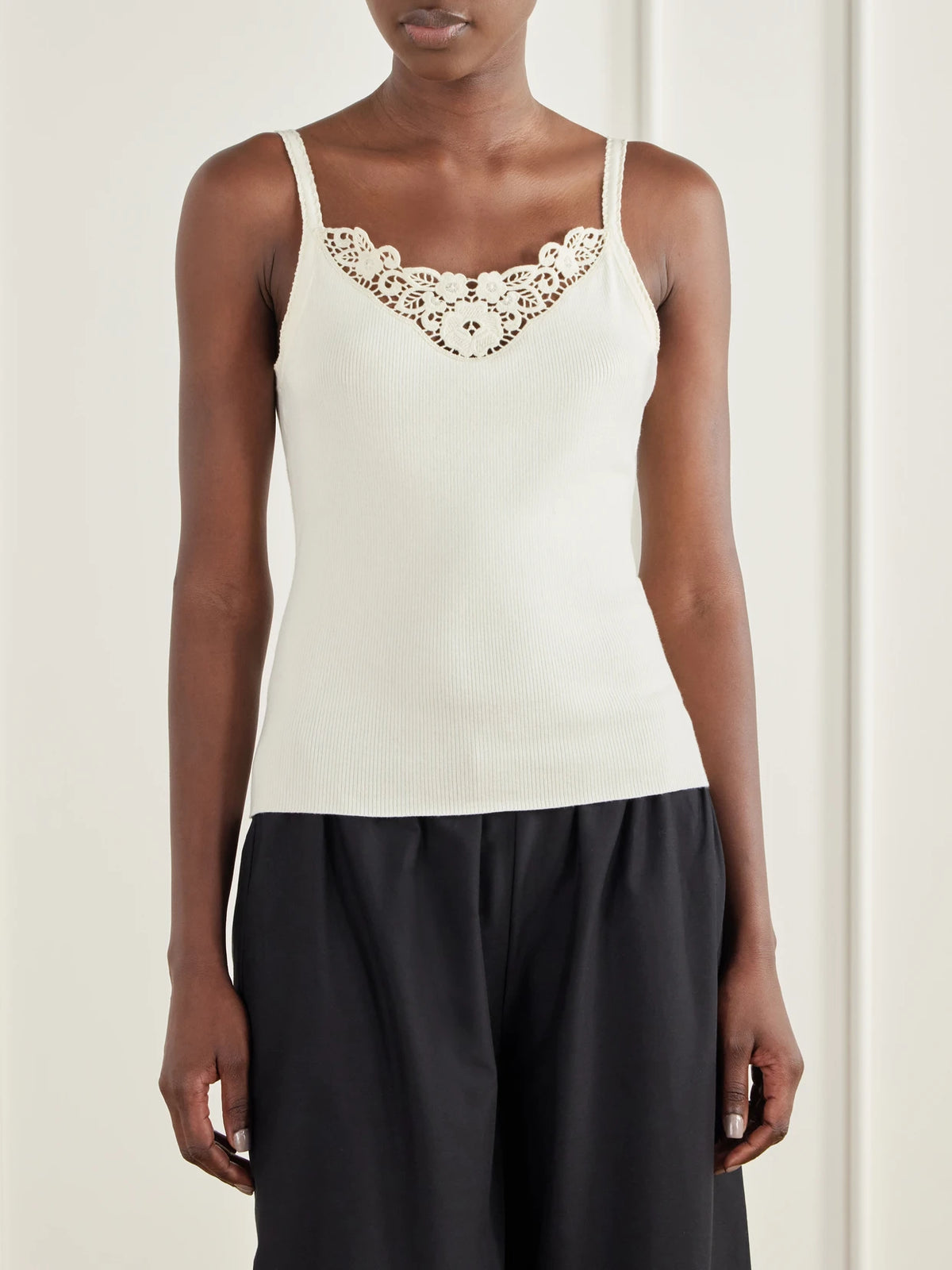 Posse Posy Guipure Lace-trimmed Ribbed Cotton-blend Jersey Tank