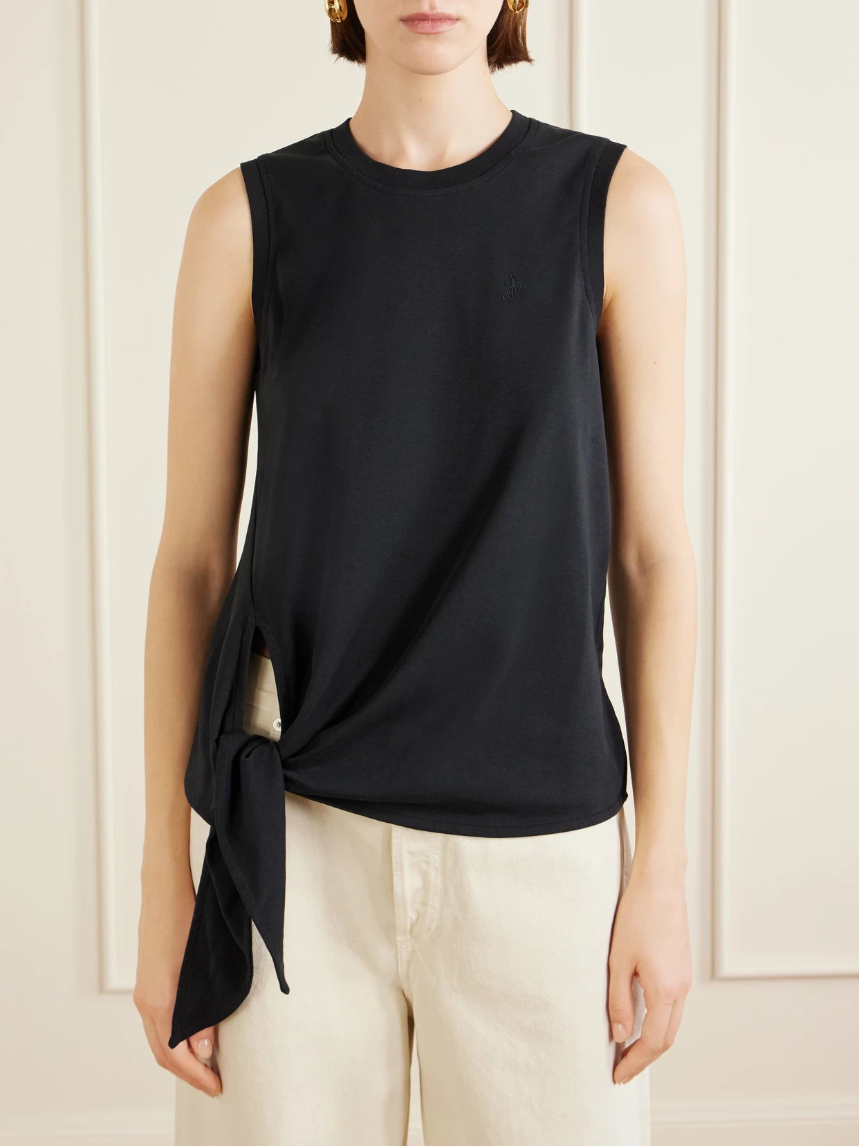Tie-detailed Logo-embroidered Cotton-jersey Tank