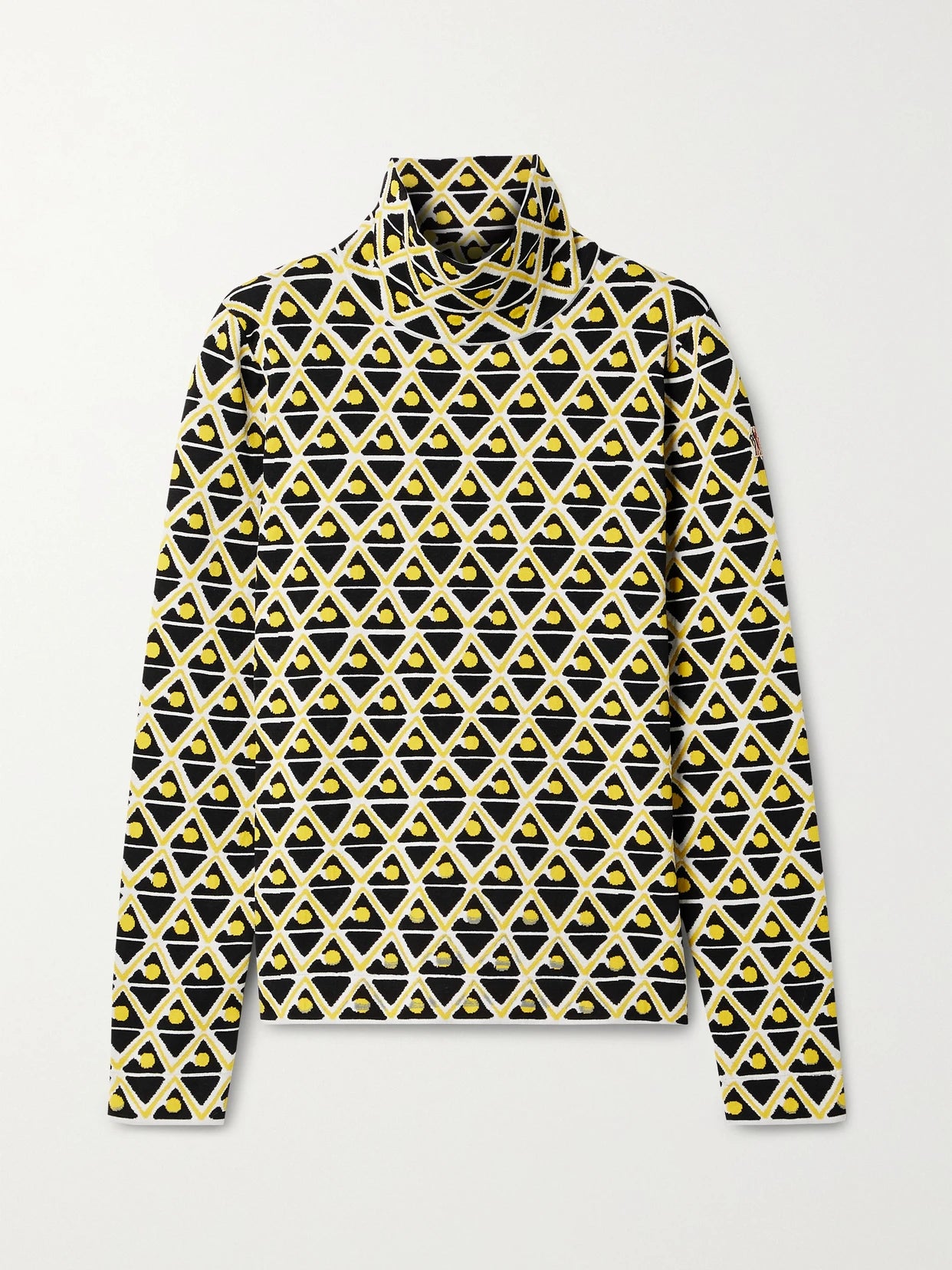 Image of a model wearing Tops. Product name - + 3 Moncler Grenoble Ciclista Jacquard-knit Turleneck Top in Yellow colour by brand - Moncler Genius