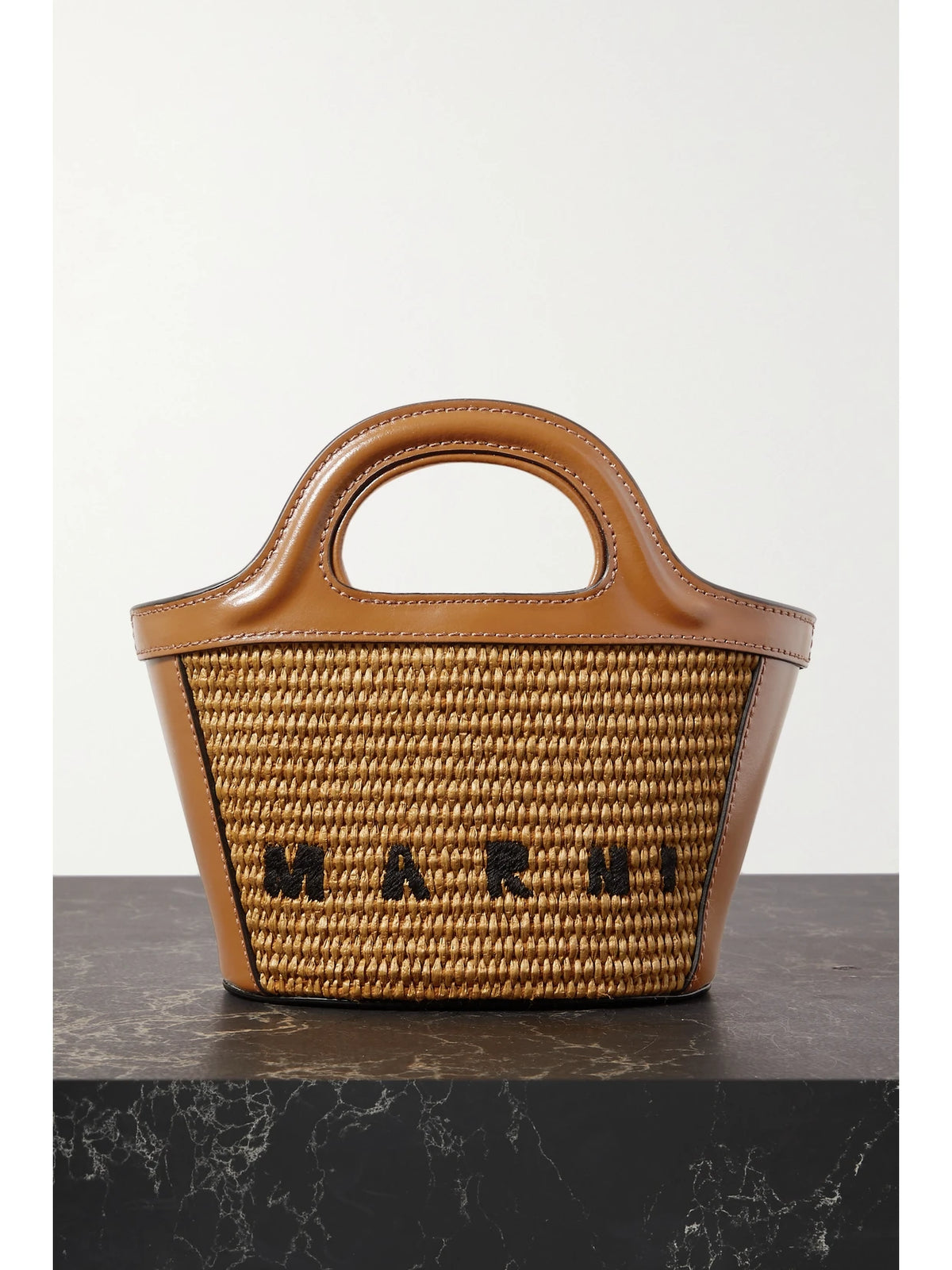 Tropicalia Micro Embroidered Leather-trimmed Raffia Tote