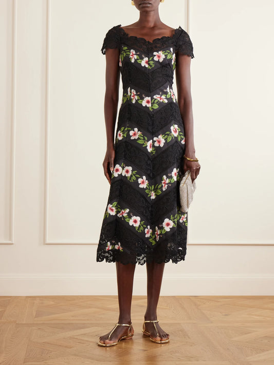 Image of Dresses. Product name - Floral-print Faille And Lace Midi Dress in Black colour by brand - Oscar de la Renta