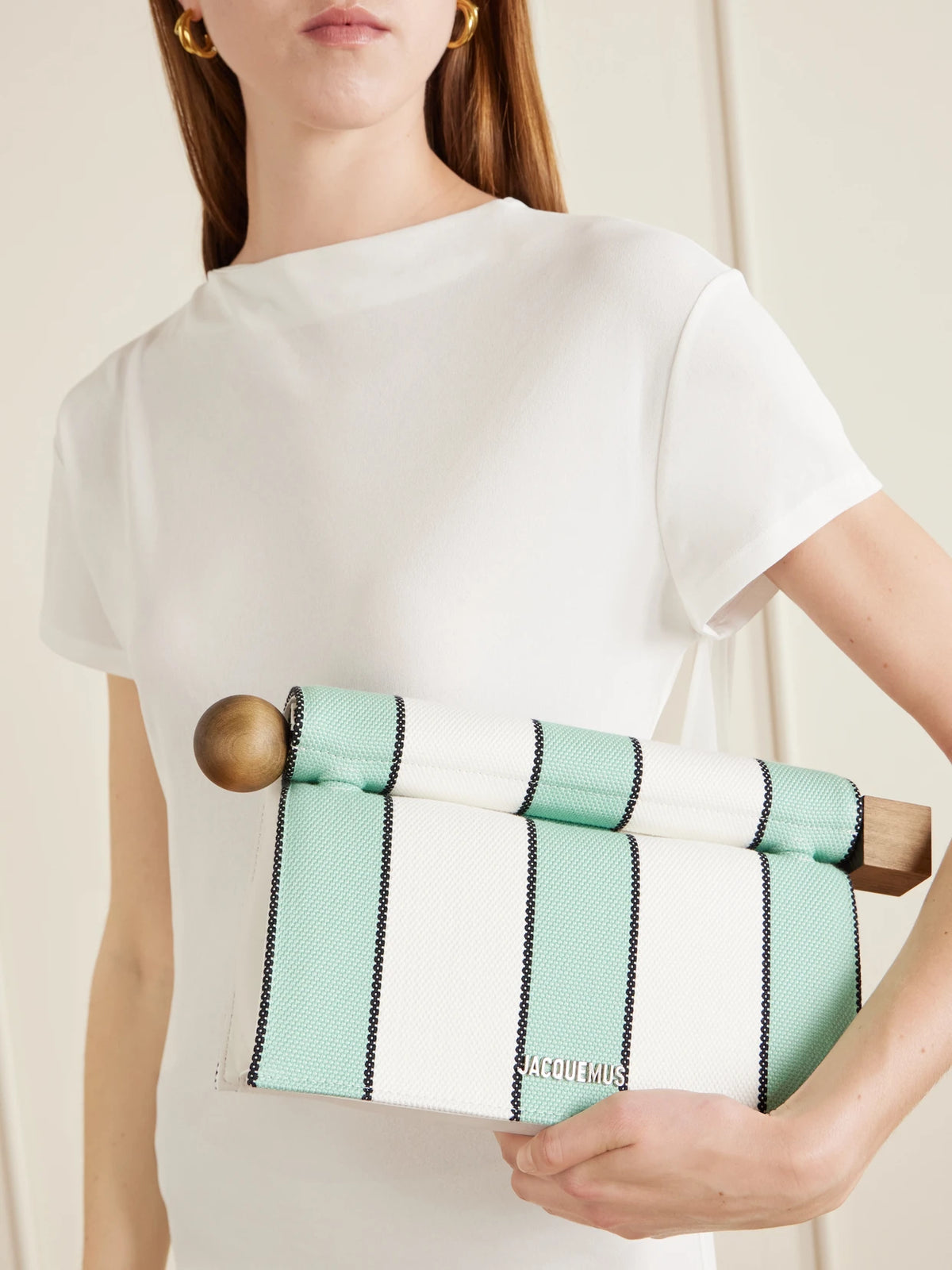 Image of Bags. Product name - La Plage Leather-trimmed Striped Cotton Clutch in Blue colour by brand - Jacquemus